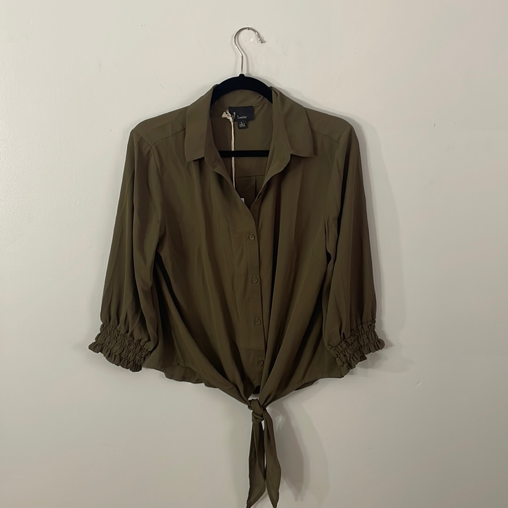 NWT Lumiere Button Down Top Tie Front Army Green Blouse